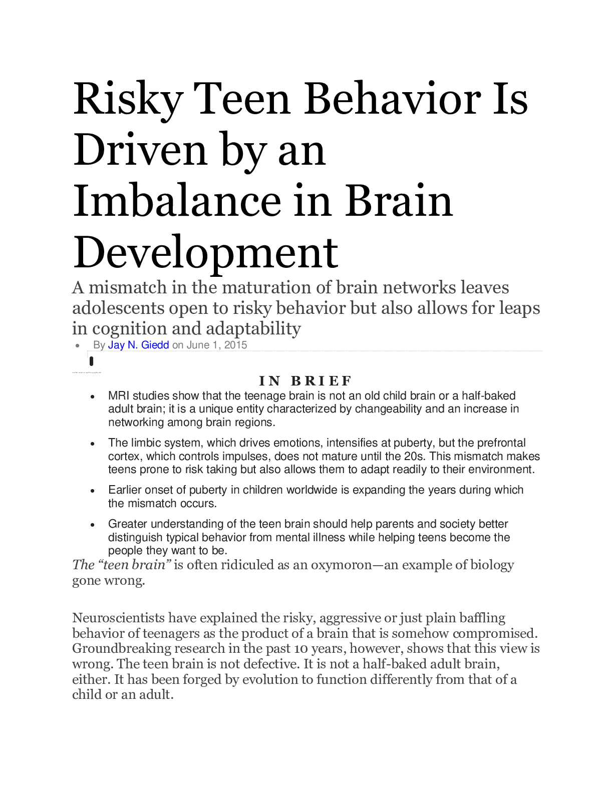 Preview image for Risky Teen Behavior Is  Driven by an  Imbalance in Brain  Development